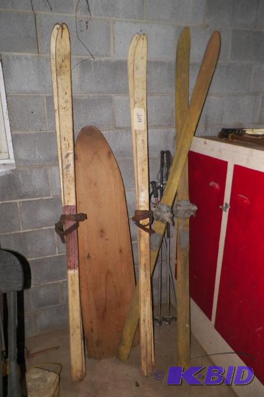 lot 204 image: 3 pairs wood skis and wood ironing board