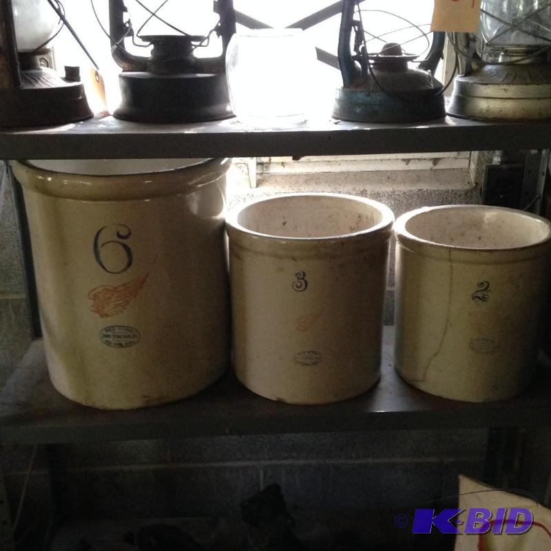lot 279 image: 6 Gallon, 3 Gallon & 2 Gallon Red Wing Crocks - All have cracks
