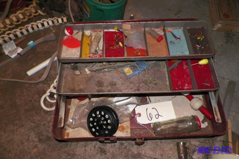 lot 62 image: Tackle Box with Lures and a like new Pflueger 1554 vintage reel