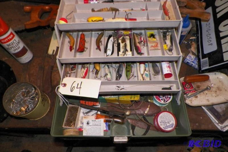 lot 64 image: Tackle box full of old lures including wood lures