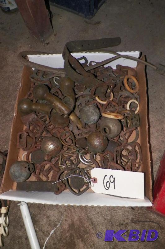 lot 69 image: Box of old buckles and misc. horse items