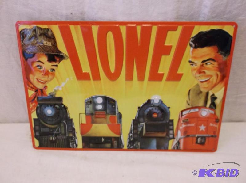 Embossed metal Lionel train sign measuring 15...