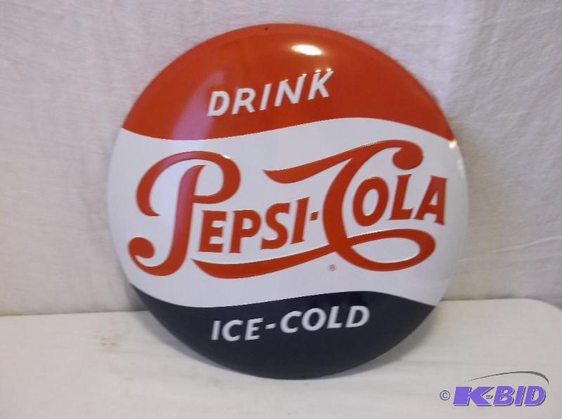 Embossed metal Pepsi-Cola button sign in grea...