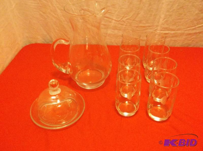 Beautiful acid etched pitcher &amp glass set...