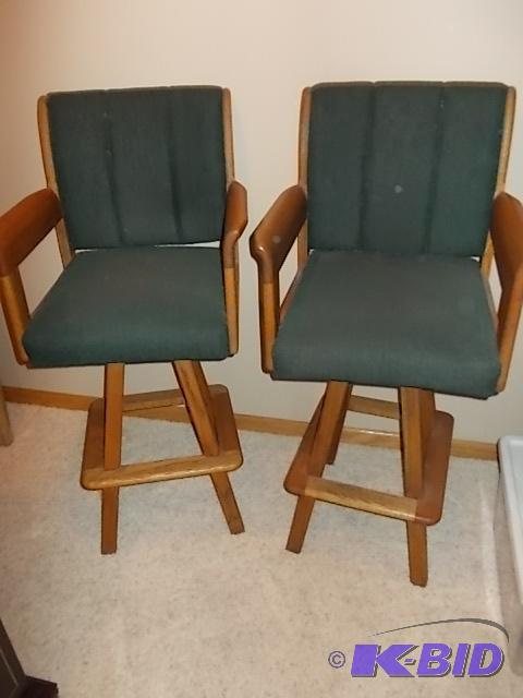 Pair Of Oak Bar Stools With Green Upholstered...