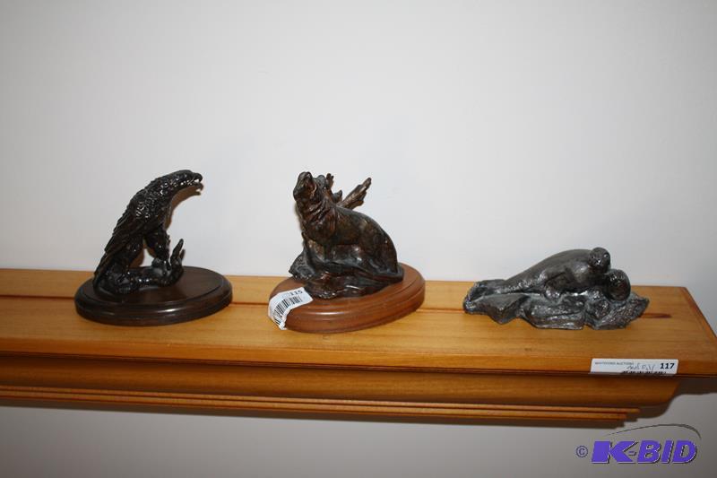 lot 115 image: 3 sculptures - Eagle, Seal, Wolf, not sure wh...