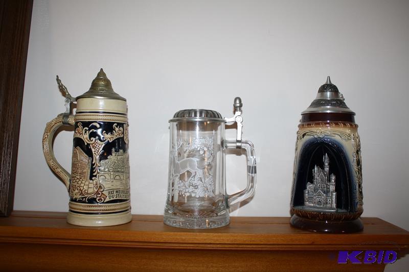 lot 120 image: Beer Steins, 2 ceramic with metal lids, 1 gla...