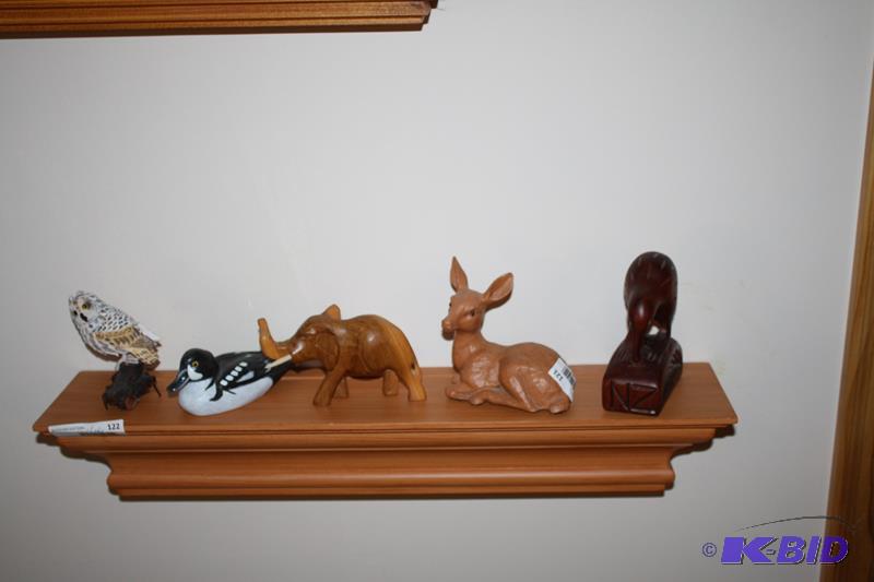 lot 121 image: 5 animal figurines, owl, loon, elephant, deer...