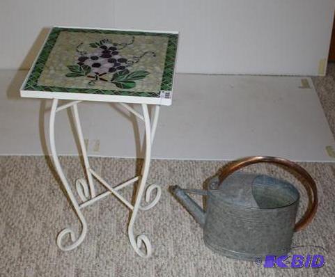 lot 136 image: White rod iron table with mosaic tile top 14x...