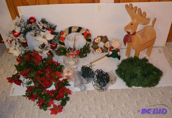 lot 150 image: Christmas Wreaths, wood reindeer planter, gar...