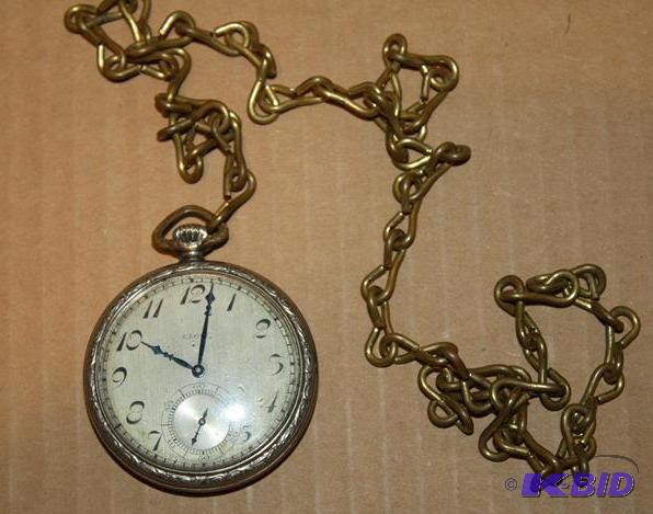 lot 170 image: Antique Elgin pocket watch on chain fob 17 je...