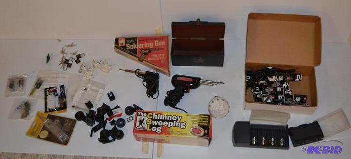 lot 187 image: 2 soldering guns, chimney sweeping log, metal...