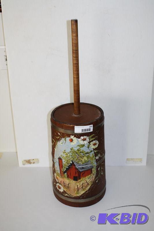 lot 215 image: Hand Painted Butter Churn wood 40" tall...