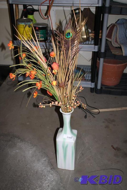lot 230 image: Beautiful glass vase 21x5x5" with arrang...