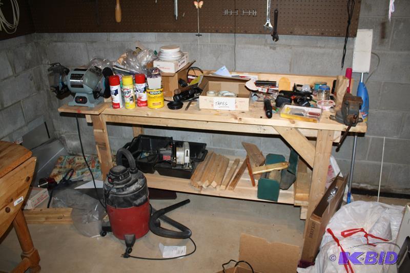 lot 269 image: Work bench & tools 50x24" shop vac, ...
