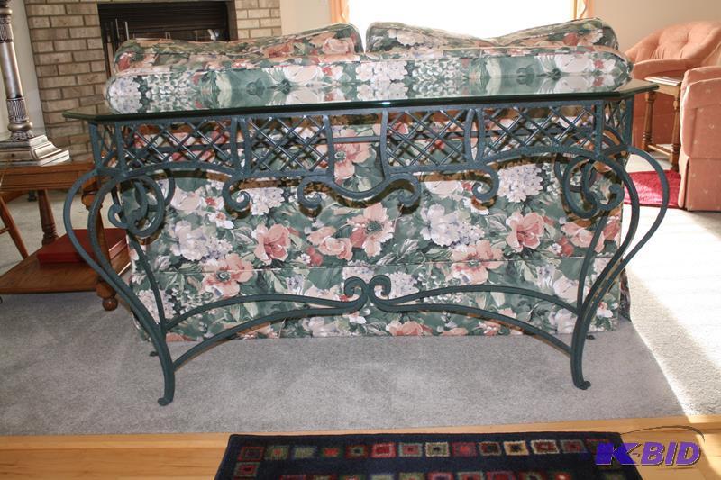 lot 47 image: Green rod iron sofa console table with glass ...