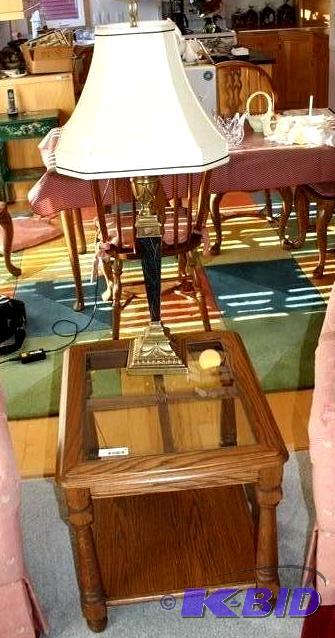 lot 49 image: Beautiful wood side table with glass top and ...