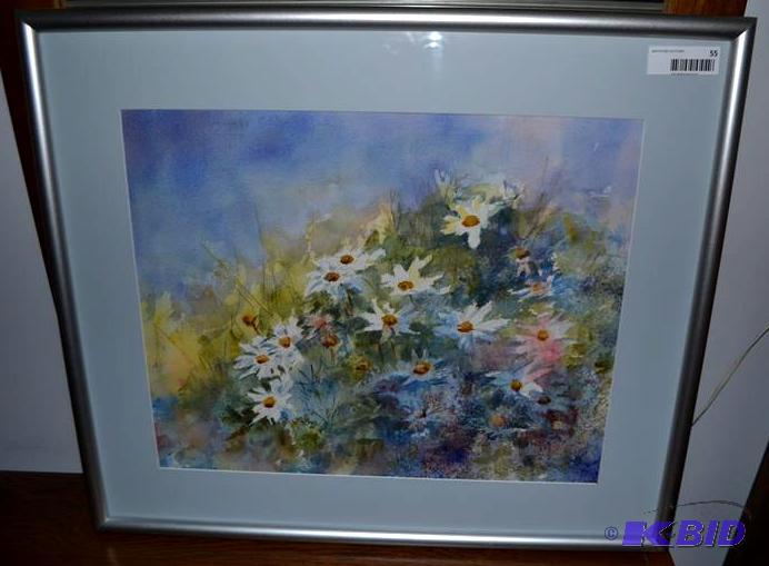 lot 55 image: Signed artwork of blue background and white d...