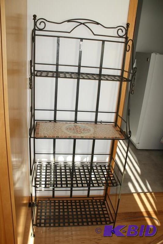 lot 68 image: Metal bakers rack with mosaic tile shelf. 28x...