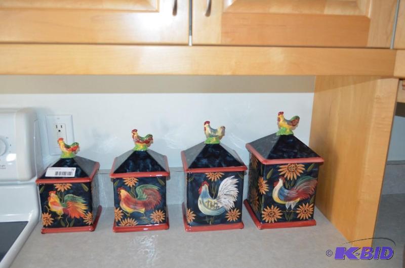 lot 72 image: 4 pc canister set with rooster theme. Artist ...