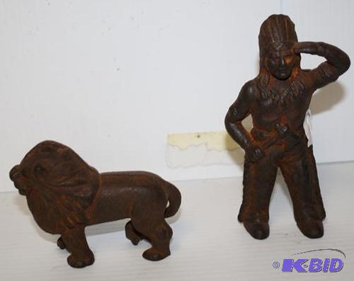 Vintage cast iron banks , indian &amp lion 6...