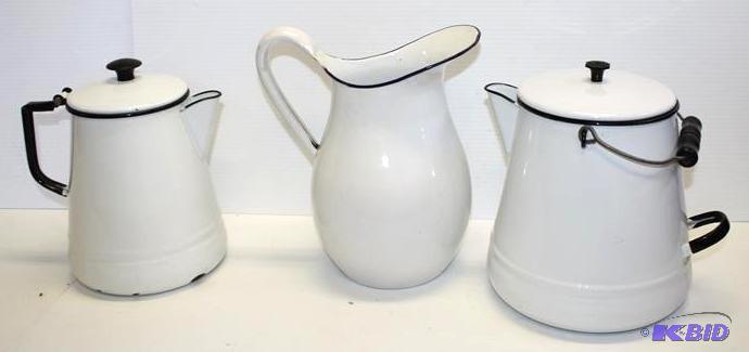 Vintage white porcelain enamelware coffe pots...