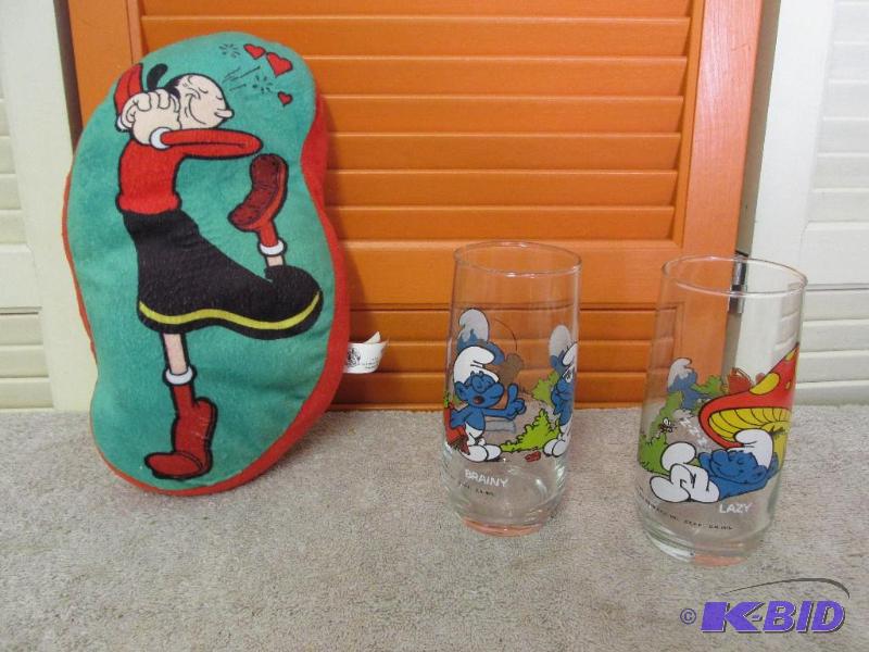 Olive Oyl Pillow and 2 SMURF Glasses