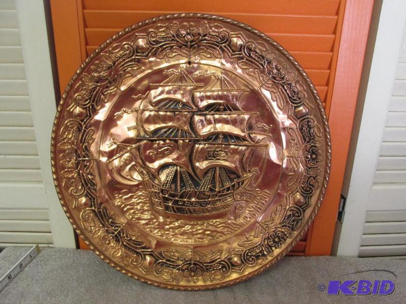 Vintage Copper Plate with Ship Scene