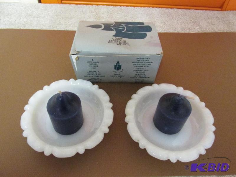 6 Brand New PARTYLITE Candles, 2 milk glass candle holders