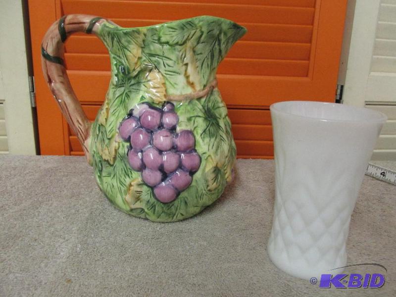 Great Painted Pitcher with Grapes and Leaves - and a Milk Glass Vase