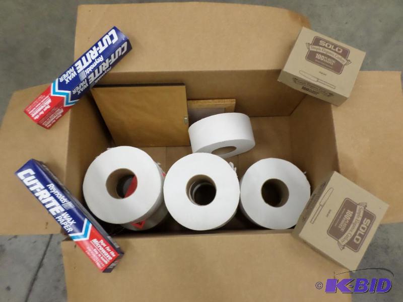 lot 27 image: Box Lot Toilet Paper Rolls, Pastic Knives, E...