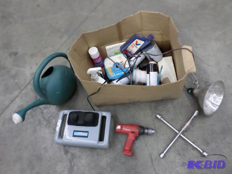 lot 28 image: Box Lot Light, Drill, Tire Wrench, Auto Flui...