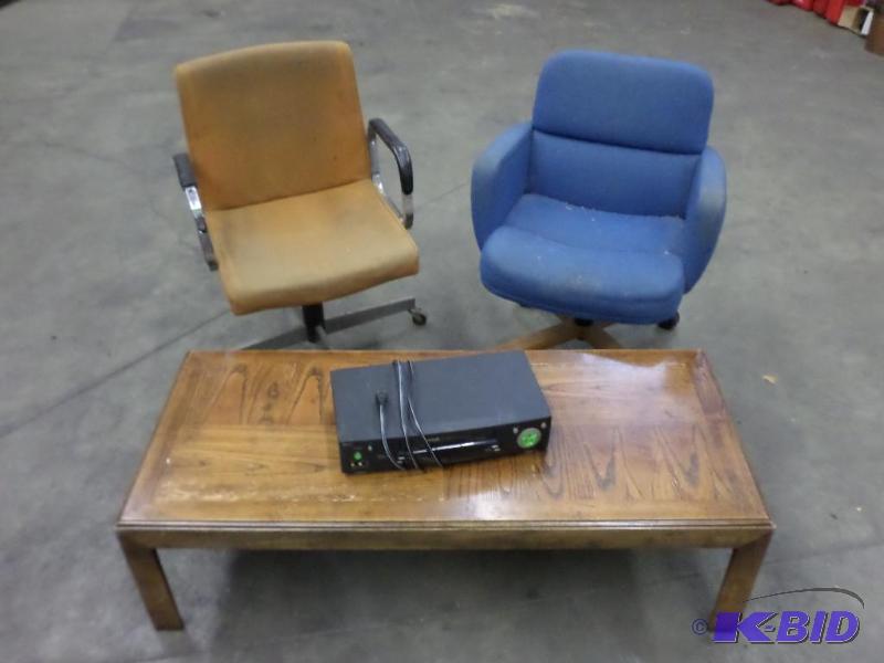 lot 52 image: (1) Wood Coffee Table, (2) Rolling Chairs, (1...