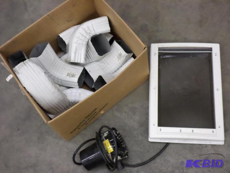 lot 55 image: Box Lot Misc Gutter Pieces, Pump, Doggy Door...