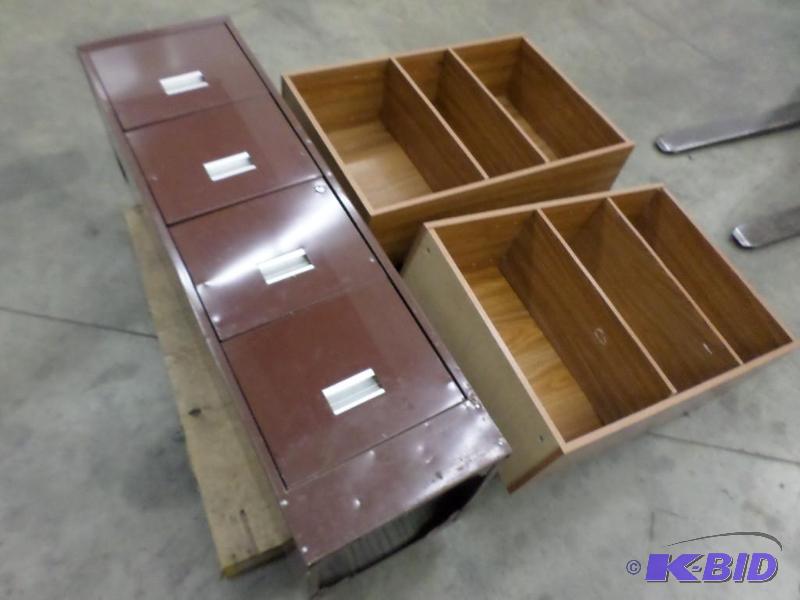 lot 6 image: (2) Wood Book Shelves & (1) 4-Frawer Stee...