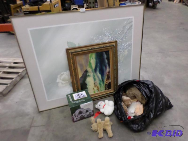 lot 94 image: Lot Of Artwork, Bag Of Stuffed Animals, Dish...