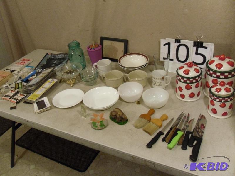 lot 105 image: Lot of Kitchen Items. Apple Canisters, Glasse...