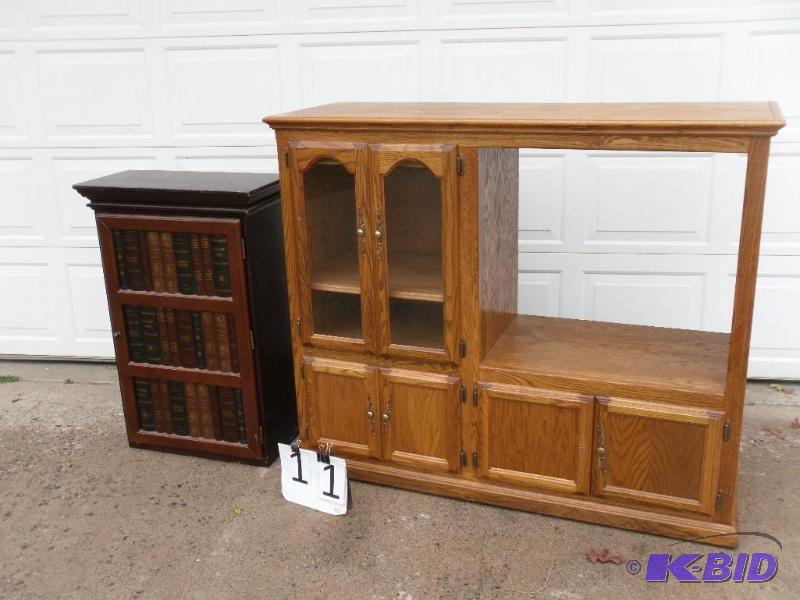 lot 11 image: Neat Bookcase Cabinet and Wood TV Cabinet. Sc...