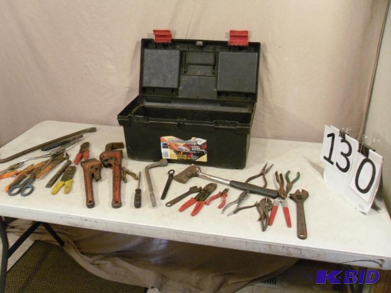 lot 130 image: Toolbox with Assorted Tools. Pipe Wrenches, E...