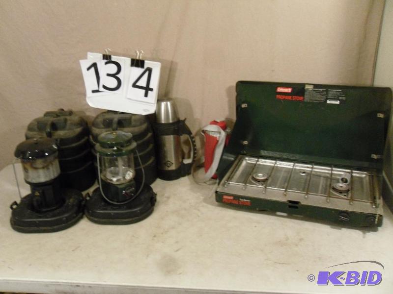 lot 134 image: Coleman Propane Stove, Thermos, 2 Lanterns wi...