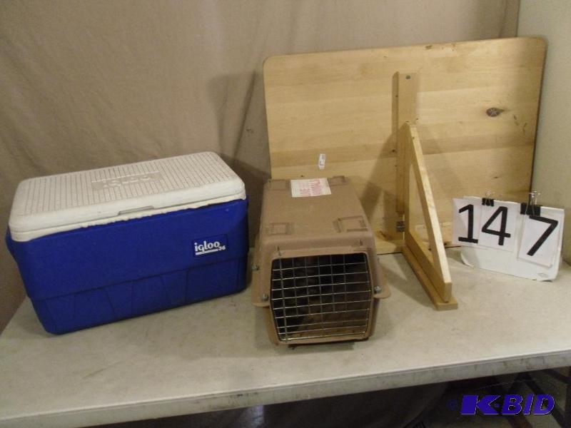 lot 147 image: Igloo Cooler, Animal Carrier, and Ikea Wood F...