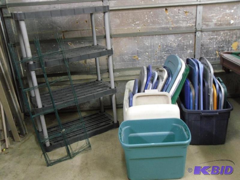 lot 159 image: Large Lot of Items. 4 Tier Plastic Shelf, Pla...