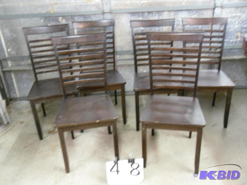 lot 48 image: Lot of 6 Wood Chairs. Scratches, scuffs, chip...