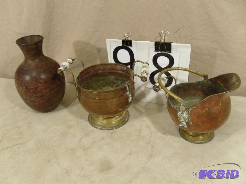 lot 98 image: 2 Copper Pots and Metal Vase....