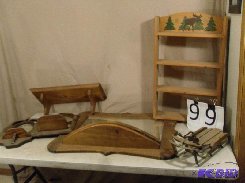 lot 99 image: 3 Wood Framed Mirrors with Shelves, Wood Shel...