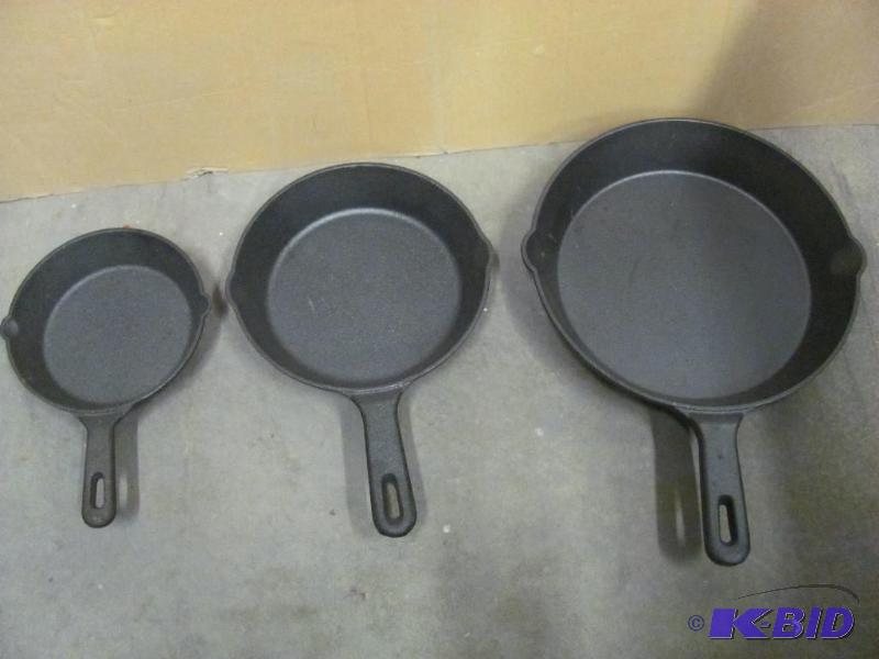 lot 96 image: Set of Three (3) Iron Skillets. Very good con...