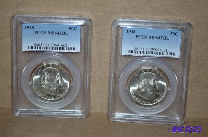 Two 1948 Half Dollar Graded PCGS&nbspMS64 FB...