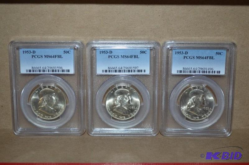 Three&nbsp1953-D&nbspHalf Dollar Graded PCG...