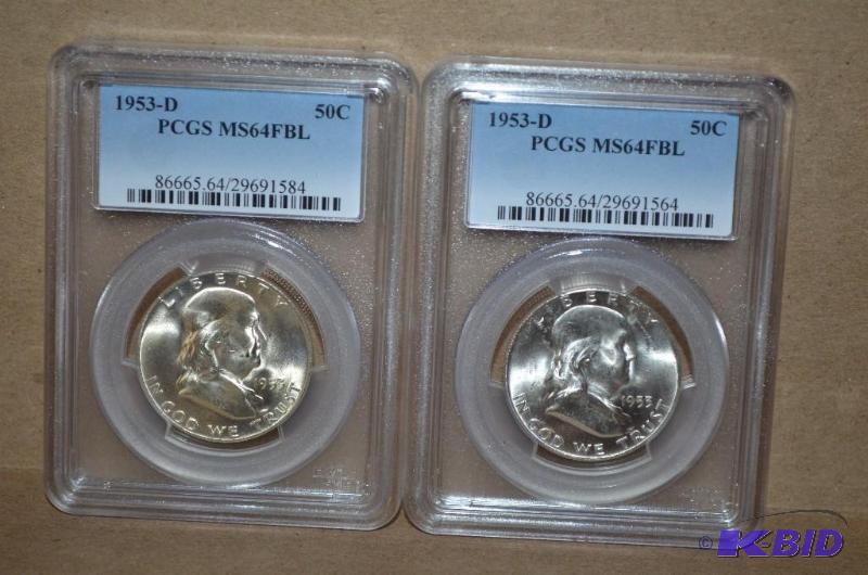 Two 1953-D Half Dollar Graded PCGS MS64 FBL- ...