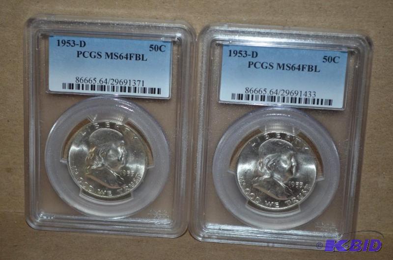 Two 1953-D Half Dollar Graded PCGS MS64 FBL- ...